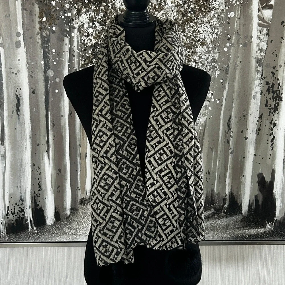 Sky‎ Cashmere Womens Black Gray Cream Scarf Pashmina